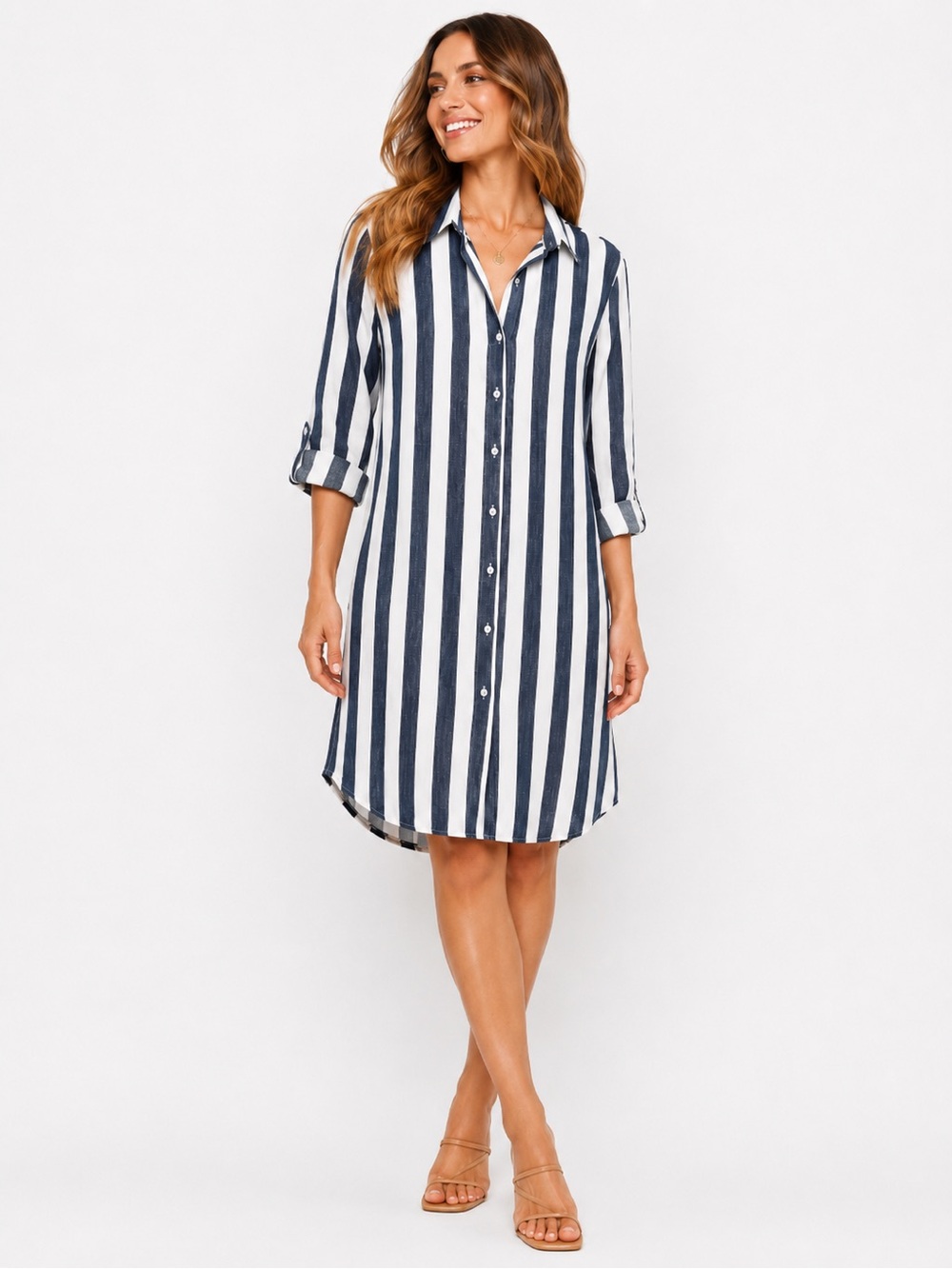 🌺 Sharagano Navy & Ivory Striped Button-Down Shirt Dress
